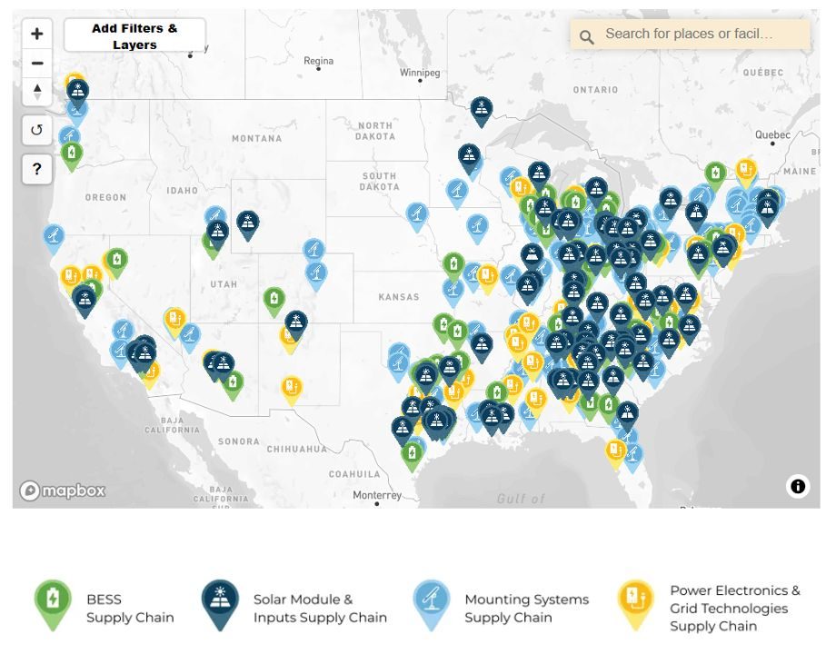 Map of US solar and storage supply chain factories, color-coded by BESS, solar module and inputs, mounting systems, and power electronics